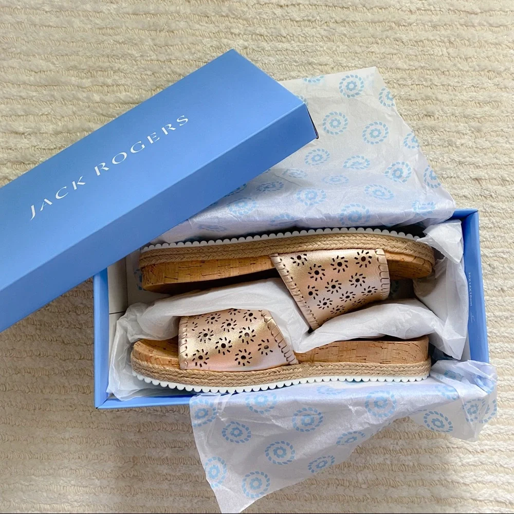 NWT Jack Rogers rose gold cork slides